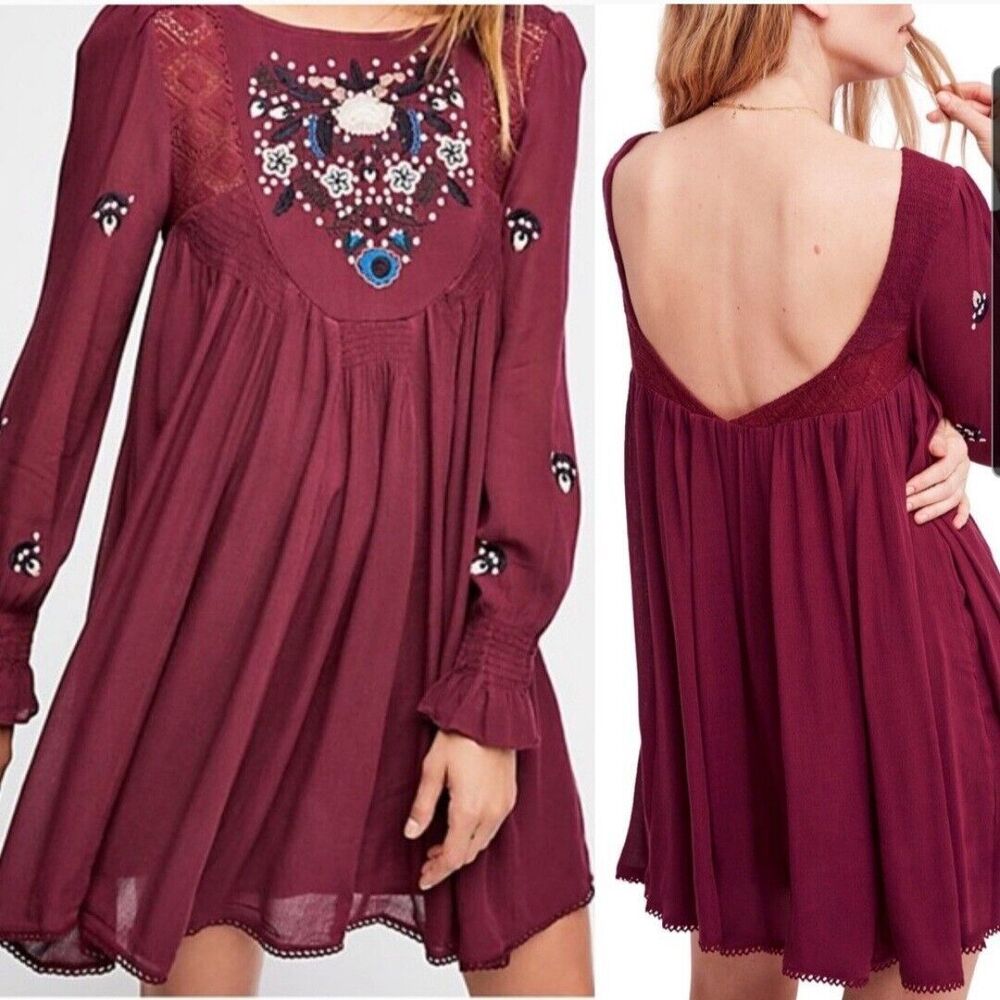 Free People Womens Mohave Embroidered Maroon Red Mini Dress Boho Size Small